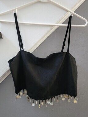 Jason Wu Black Linen Cropped Tank With Shell Fringe Size 2 Boho Beach